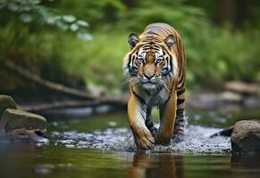 Amur tiger walking in the water. Dangerous animal.  Animal in a green forest stream. Generative AI photo