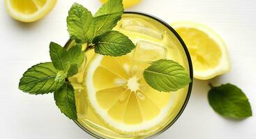 Lemonade in a glass with fresh lemons and mint. Cold summer drink with copy space. Generative AI photo