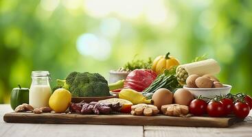 Closeup of vegetables, fruits, and meat on wooden table over green natural background. Generative AI photo