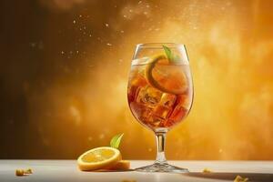 Aperol spritz summer drink in glass with shadows, tropical background. Generative AI photo