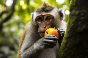 Close up of monkey eating fruit in the jungle. Generative AI photo