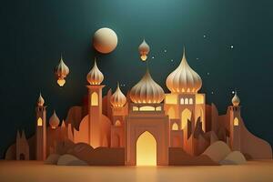 ilustración de eid Mubarak noche con ligero de un lámpara, papel estilo, lujo contento eid fondo, ai generativo foto