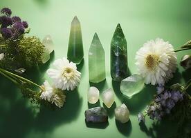 Crystal towers minerals set and white flowers on green abstract background. Generative AI photo