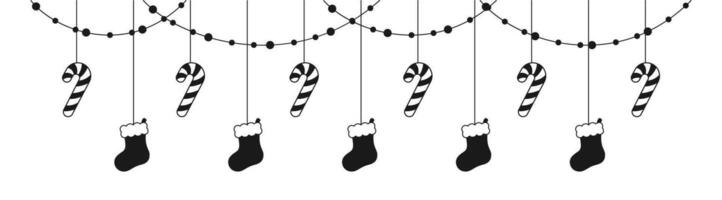 Merry Christmas Border Banner, Hanging Santa Stocking and Candy Cane Garland Silhouette. Winter Holiday Season Header Decoration. Web Banner Template. Vector illustration.