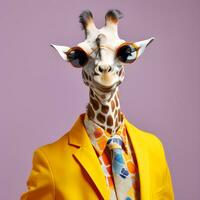 el frio jirafa vistiendo traje ropa y anteojos, moderno antecedentes. concepto de moda animales generativo ai. foto