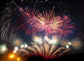 Celebrate Happy new year fireworks background. Generative Ai. photo