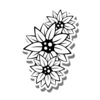 Three Flowers on white silhouette and gray shadow. Digital or printable sticker. Vector illustration for decorate logo, tattoo, card or any design.