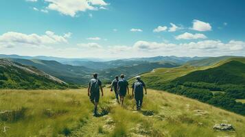 Candid Photo of Friends Hiking Together in the Mountains. Adventure Journey Concept