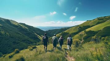 sincero foto de amigos excursionismo juntos en el montañas. aventuras viaje concepto