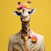 The Cool giraffe wearing suit clothes and glasses, Modern background. Concept Fashionable animals. Generative Ai. photo