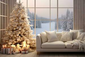 Christmas, white modern living room with a snowy forest outside the window. Modern interior design photo