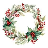 Christmas wreath of red poinsettia and leaves. Watercolor illustration photo