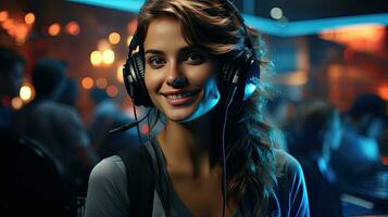 Young beautiful woman office call center worker with headphones and headset for answering phone calls and consulting customer support photo