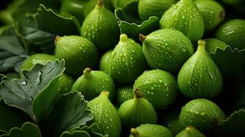 Cut and whole fresh green figs with leaves as background photo