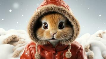 Cute rabbit in a jacket and hood in the snowy winter for the Christmas and New Year holiday photo