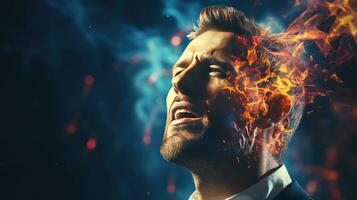 Man with a burning head, concept of getting rid of bad habits, quitting smoking photo