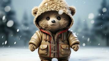 Cute bear in a jacket and hood in the snowy winter for the Christmas and New Year holiday photo