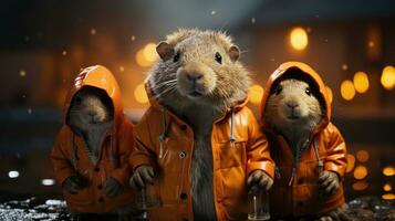 Cute capybara in a jacket and hood in the snowy winter for the Christmas and New Year holiday photo
