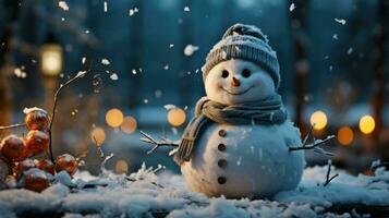 Christmas winter new year holiday snowman stands decorated on the snow at night photo