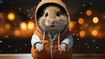 Cute hamster in a jacket and hood in the snowy winter for the Christmas and New Year holiday photo