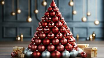 Christmas winter new year holiday tree made of balls of Christmas decorations and gifts photo