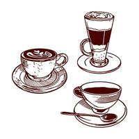 A cup of tea, a cup of coffee and a cup of iced glass. Vector illustration of food in graphic style. Design element for menus of restaurants, cafes, food labels, covers, cards.