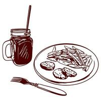 A glass of juice with a straw, French fries, nuggets, a fork. Vector illustration of food in graphic style. Design element for menus of restaurants, cafes, food labels, covers, cards.