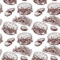 hamburguesa, papas fritas y pepitas vector ilustración de un sin costura modelo en gráfico estilo. diseño elemento para menús de restaurantes, cafés, comida etiquetas, cubiertas, envase papel.