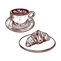 Cup of coffee and croissant on a plate. Vector illustration of breakfast in graphic style. Design element for menus of restaurants, cafes, food labels, covers, cards.