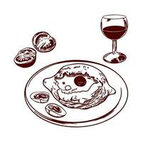 khachapuri, piezas de huevo, Tomates, vaso de vino. vector ilustración de comida en gráfico estilo. diseño elemento para menús de restaurantes, cafés, comida etiquetas, cubiertas, tarjetas