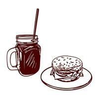 A glass of juice with a straw and a hamburger. Vector illustration of food in graphic style. Design element for menus of restaurants, cafes, food labels, covers.