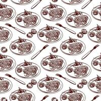 Spaghetti, tomatoes, fork. Vector illustration of a seamless pattern in graphic style. Design element for menus of restaurants, cafes, snack bars, food labels, covers, wrapping paper.