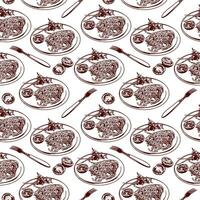 Spaghetti, tomatoes, fork. Vector illustration of a seamless pattern in graphic style. Design element for menus of restaurants, cafes, snack bars, food labels, covers, wrapping paper.