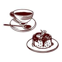 Cup of tea and cake. Vector illustration of food in graphic style. Design element for menus of restaurants, cafes, snack bars, food labels, covers.