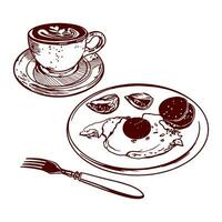 café en un taza, revuelto huevos con salchicha y Tomates, tenedor. vector ilustración de desayuno en gráfico estilo. diseño elemento para menús de restaurantes, cafés, comida etiquetas, cubre