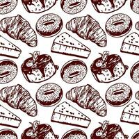 Croissant, donut, cheesecake. Vector illustration of a seamless pattern in graphic style. Design element for menus of restaurants, cafes, snack bars, food labels, covers, wrapping paper.