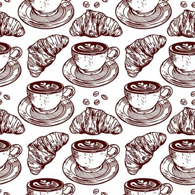 Croissants, cup of coffee, coffee beans. Vector illustration of a seamless pattern in graphic style. Design element for menus of restaurants, cafes, food labels, covers, wrapping paper.