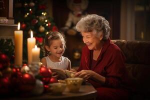 Grandmother and granddaughter reading a book at home near the Christmas tree photo