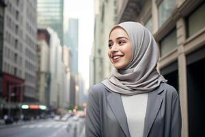 Portrait of young muslim woman wearing hijab in the city photo