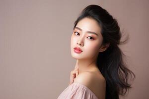 Beautiful asian woman with makeup and long hair, beauty portrait photo