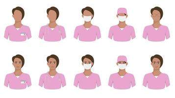 hembra oscuro piel médico , enfermero avatar en rosado uniforme vector