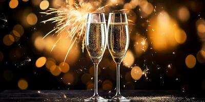 glasses of champagne against the backdrop of festive fireworks and gold sparkles. festive background for Christmas, New Year. AI generated photo