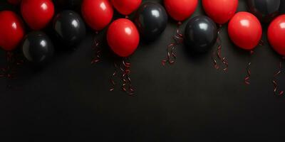 background for black friday. red and black balloons on a black background. sale. AI generated photo