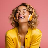photorealistic image of a beautiful girl listening to music on headphones. young beautiful girl fun. AI generated photo
