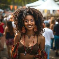 fotorrealista imagen de un joven africano americano niña a un festival. sonriente oscuro piel niña riendo y divertida. ai generado foto