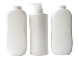 Set of three white shampoo or hair conditioner and powder bottle or container isolated with clipping path in png file format