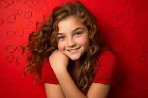 linda pequeño niña con largo Rizado pelo en rojo antecedentes con corazones foto
