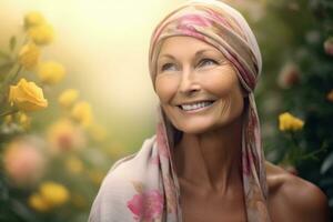 Portrait of a beautiful mature woman with a scarf on her head photo