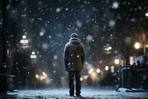hombre caminando en el invierno ciudad a noche debajo pesado nevada. foto