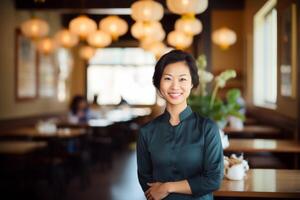 retrato de sonriente mujer de negocios en pie con brazos cruzado en café tienda foto